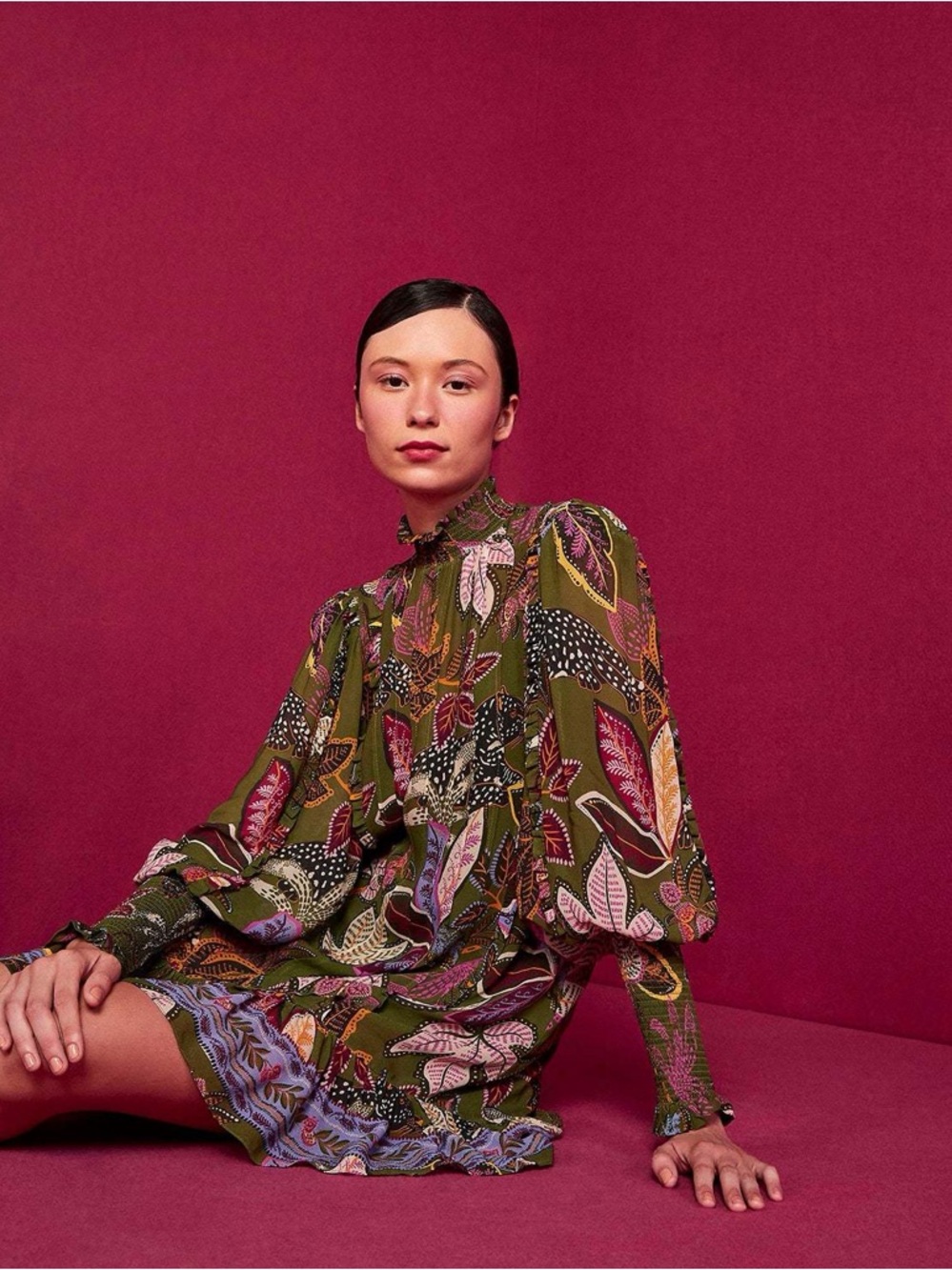 FARM RIO Olive‎ Botanical Print Long-Sleeve Mini Dress